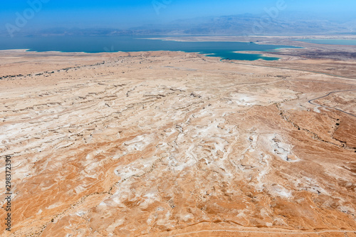 View of surrounding land and the Dead Sea from Masada, an ancient Jewish fortress in the desert of Israel.