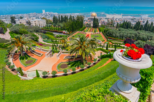 The Bahai gardens and temple, on the slopes of the Carmel Mountain, in Haifa, Israel. photo
