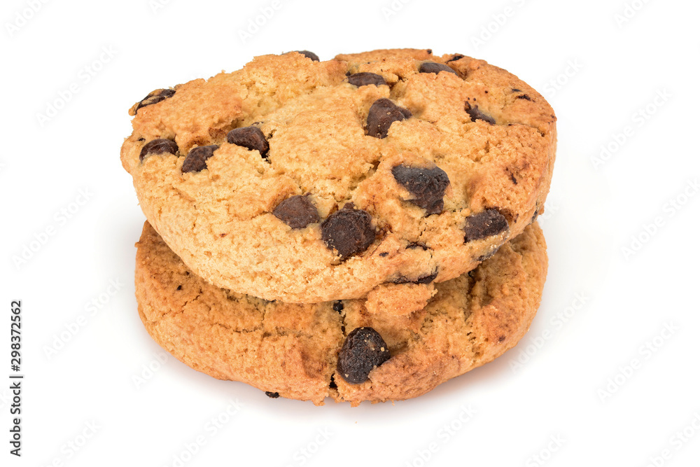 Homemade cookies. Two sweet cookies with chocolate chips. Tasty biscuit in high resolution close-up, isolated on white background with small shadows. Homemade bakery. Homemade cookies. Two sweet cookies with chocolate chips. Tasty biscuit in high resolution close-up, isolated on white background with small shadows. Homemade bakery.