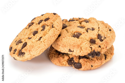 Homemade cookies. Three sweet cookies with chocolate chips. Tasty biscuit in high resolution close-up, isolated on white background with small shadows. Homemade bakery.