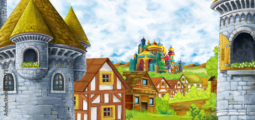 cartoon scene with kingdom castle and mountains valley near the forest and farm village settlement illustration for children