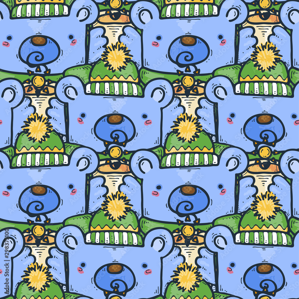 Seamless pattern with cute bear in warm winter clothes with cup of hot drink. Scarf, hat and woolen socks. Seamless pattern with cute bear in warm winter clothes with cup of hot drink. Scarf, hat and woolen socks.
