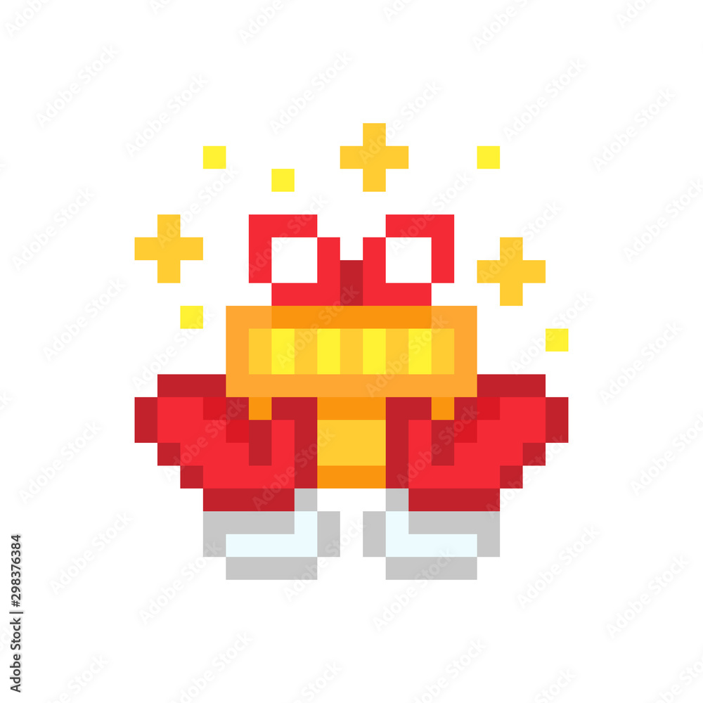 Two hands in red Santa's mittens holding yellow striped gift box decorated with red ribbon bow, pixel art icon isolated on white background. 8 bit Christmas present symbol. Winter holiday logotype.