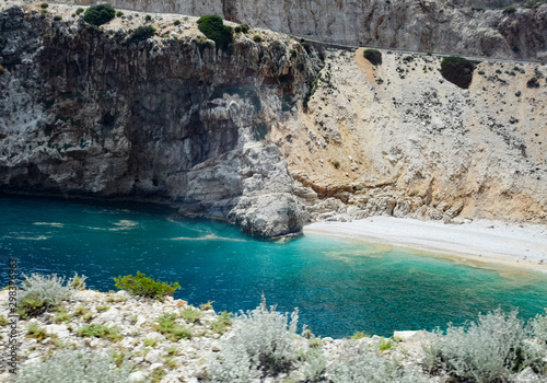 Coastal cliffs of limestone. The coast of Mediterranean Sea in Turkey.