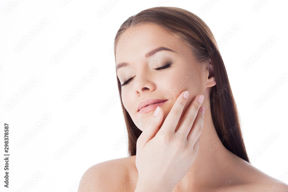 Massage your face. Use face cream and serum. Portrait of young beautiful woman isolated on white. Massage your face. Use face cream and serum. Portrait of young beautiful woman isolated on white.