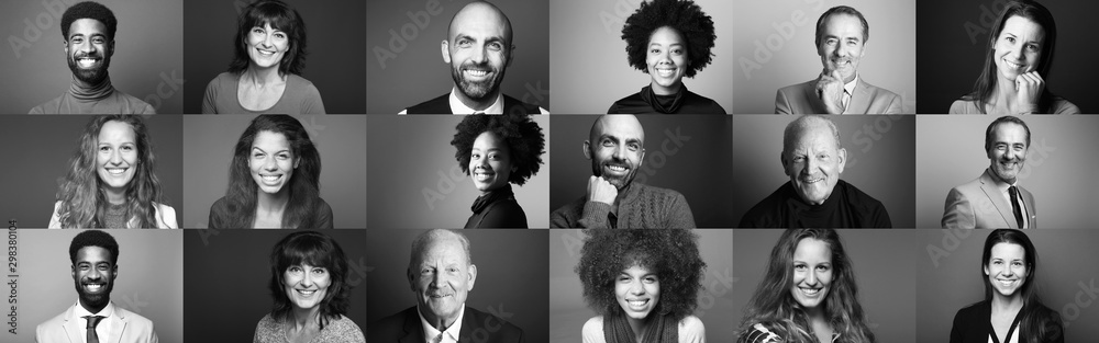 Group of 9 beautiful people in front of a background - obrazy, fototapety, plakaty 