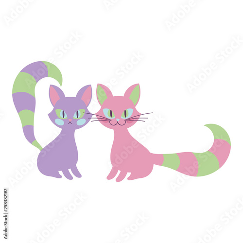 pink and purple cats sitting with striped tails