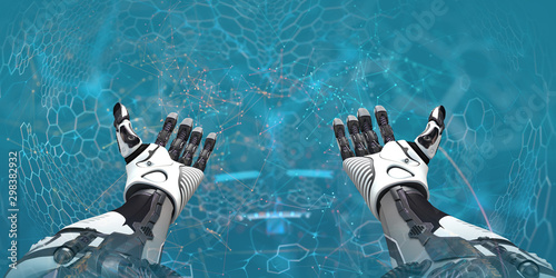 Robot arms palms up, cyber brain, 3d render, digital illustration, neuro network