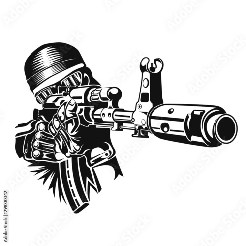 A gunman in a black bandanna and dark glasses with a Kalashnikov rifle in his hands took aim at the enemy ready to fire. Weapons of the USSR