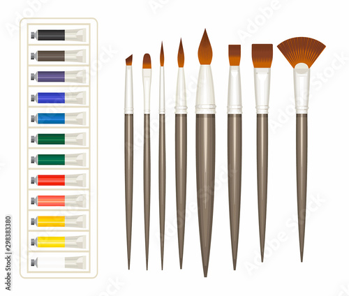 Brushes and paint tubes. Colorful flat illustration.