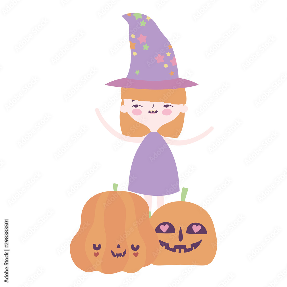 happy halloween celebration girl witch costume and pumpkins