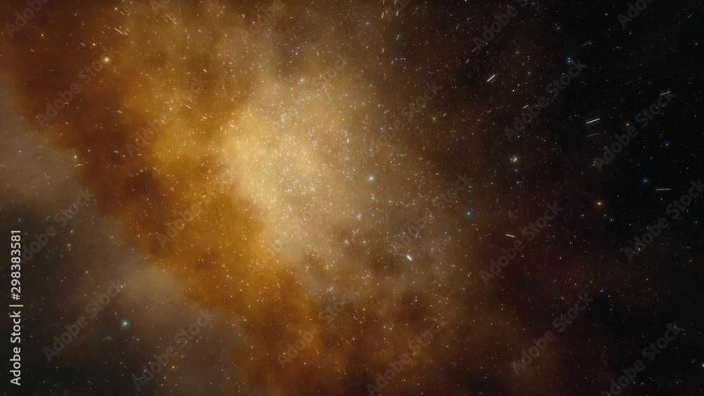 Spaceship flies near colored nebula in space. Billions of stars in the Milky Way galaxy. Beautiful clusters of stars. 3d Animation