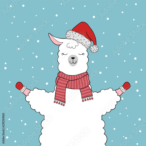 Christmas greeting card. Cute cartoon llama wearing a Santa Claus hat and knitted scarf. Hand drawn illustration