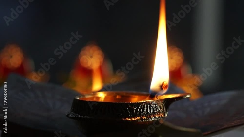 Metal Diyas lit up for the Indian Hindu festival of Diwali, the festival of lights.