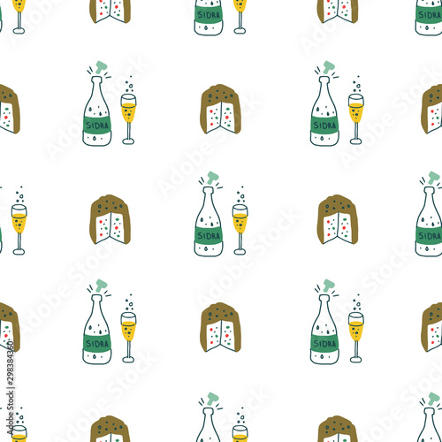 Christmas food and drink. Illustrated seamless pattern on white background. Sweet bread (panettone) and cider or champagne for a traditional christmas dinner. Cute, fun and happy style. 