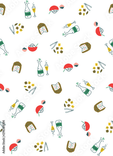 Christmas food and drink. Illustrated seamless pattern on white background. Sweet bread (panettone), nuts,dessert and cider or champagne for a traditional christmas dinner. Cute, fun and happy style. 