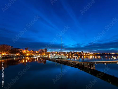 Blue sunset over the city lights