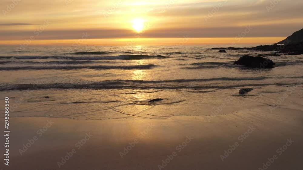 Aerial view of a beautiful sunset over the sea. Beach Lofoten archipelago, Norway. Aerial view of a beautiful sunset over the sea. Beach Lofoten archipelago, Norway.