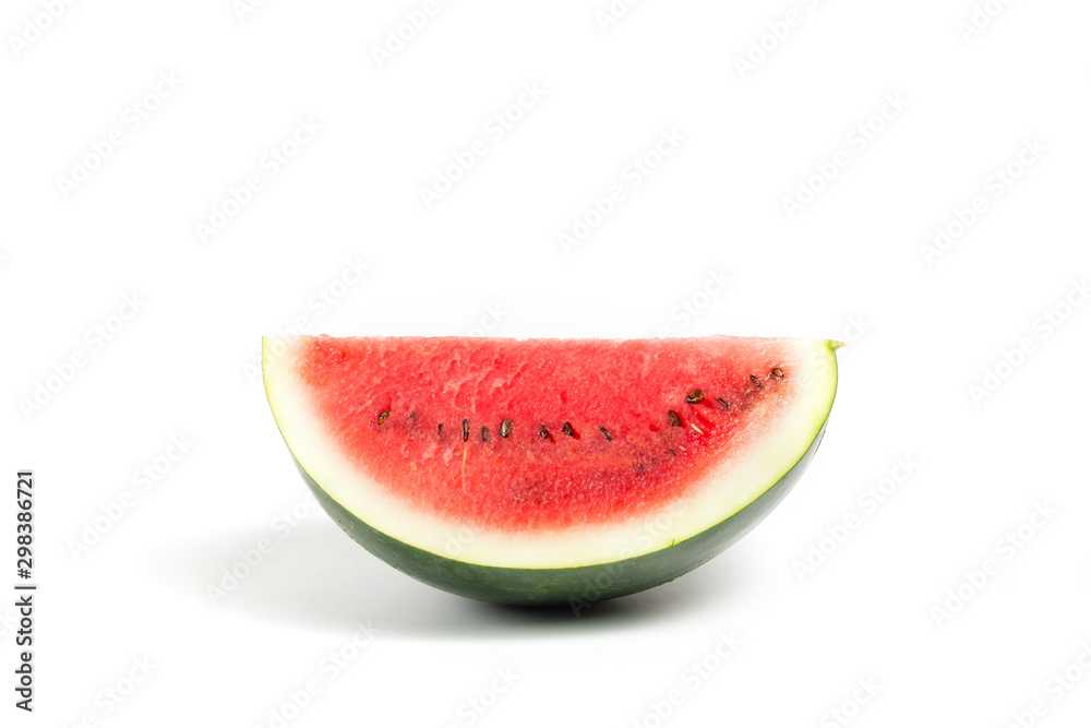 Fresh ripe and red watermelon fruit with seeds on white isolated background