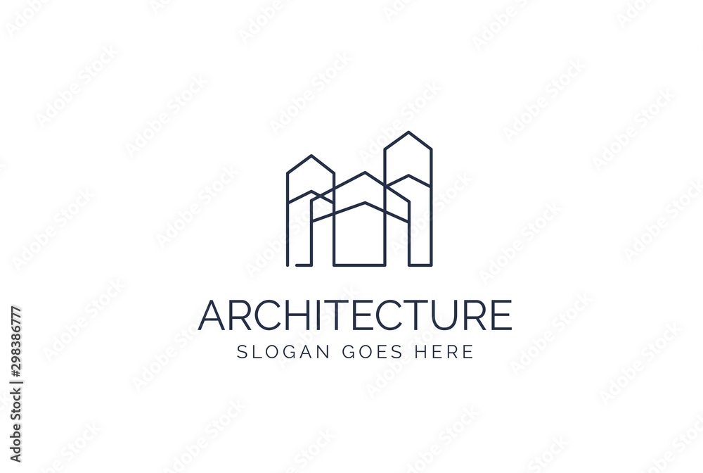 Simple modern building architecture logo design with line art skyscraper graphic