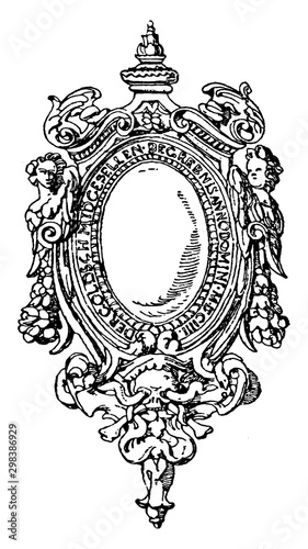 Renaissance Strap-Work Frame have Foliage or palmettes or festoons and garlands of fruit, vintage engraving.
