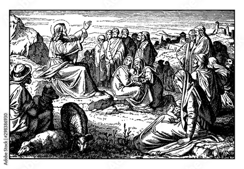 Jesus Teaches the Sermon on the Mount, the Beatitudes vintage illustration.