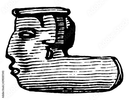Earthen Pipe depicting a face made by Native Americans, vintage engraving.