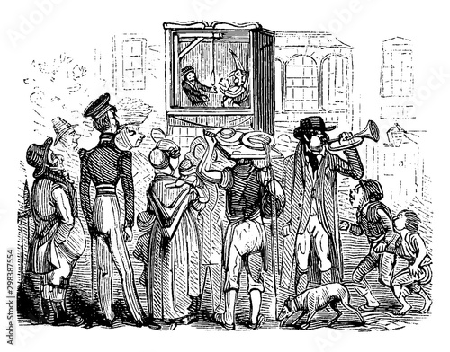 Punch and Judy is a traditional popular English puppet show featuring the characters, vintage engraving.