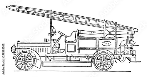 Dennis Six Cylinder Fire Engine with Centrifugal Pump vintage illustration.