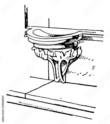 12th Century Stoup is found in Roman Catholic churches, vintage engraving.