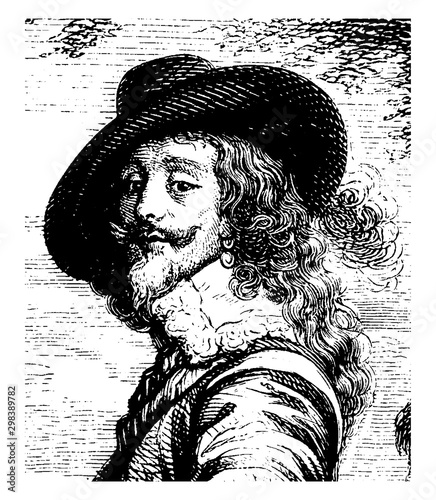 Charles I attended by the Marquis of Hamilton, vintage illustration