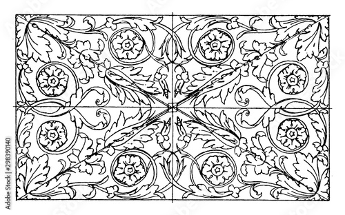 Roman Oblong Panel is at the architrave moulded band of the Temple of Vespasian, vintage engraving. photo