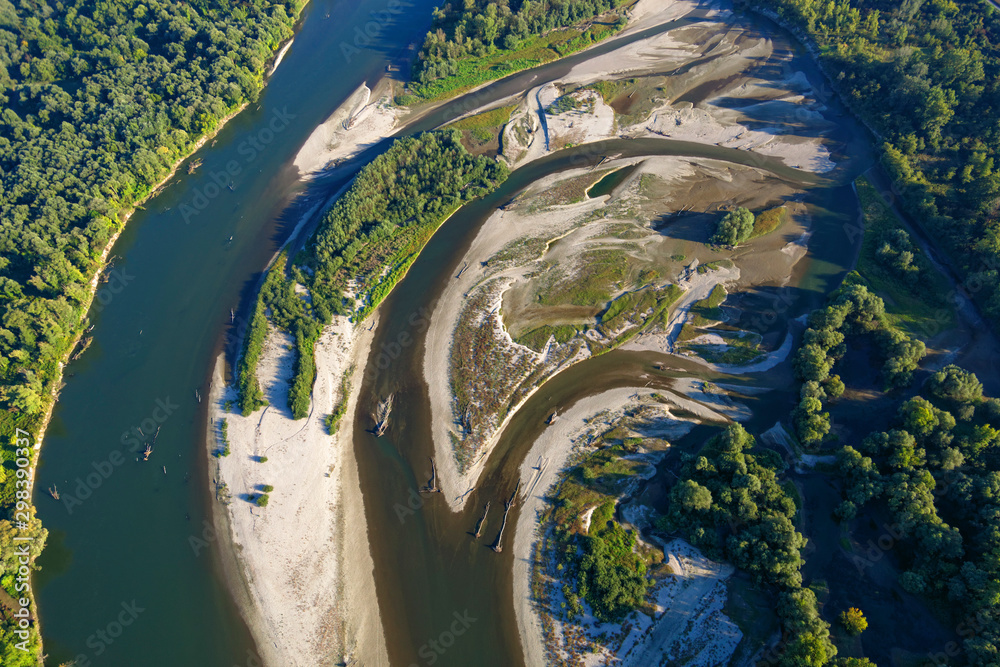 Aerial photo of gravel bars on the Drava River, Croatia
