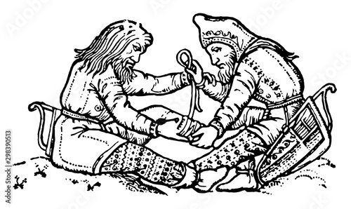 Scythians on a Greek Vase is a tying a rope, vintage engraving.