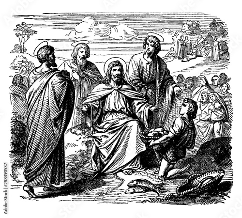 Jesus Feeds the Five Thousand with Five Loaves of Bread and Two Fish vintage illustration.