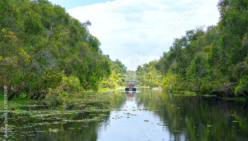 A boat in the middle of a canal in the melaleuca forest on a sunny morning