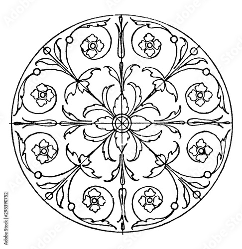 Renaissance Circular Panel is a majolica tile, vintage engraving.