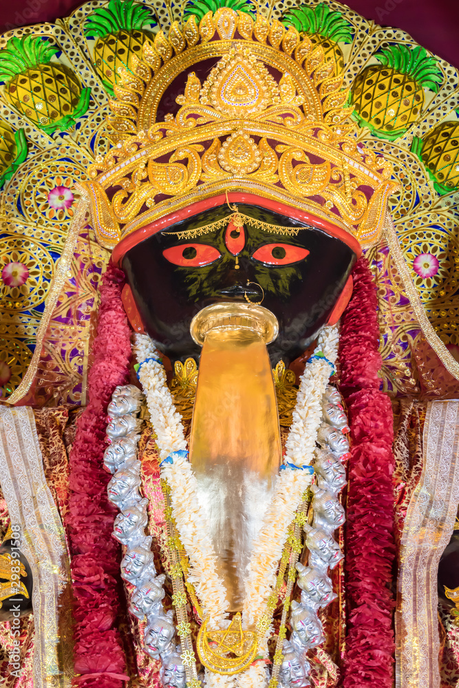 Goddess Kali idol decorated at Puja pandal, Kali puja also known as Shyama  Puja or Mahanisha