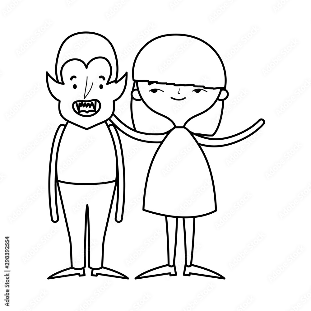 happy halloween celebration girl and boy with costumes line style happy halloween celebration girl and boy with costumes line style