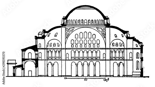 Section of Hagia Sophia,   former patriarchal basilica, vintage engraving.