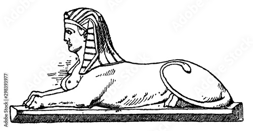 Modern Crouching Sphinx is a modern design of the bust of a woman and the body of a lion, vintage engraving.