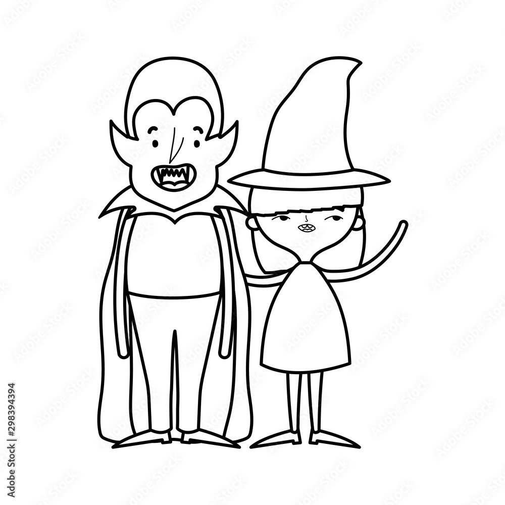 happy halloween celebration girl with hat witch and dracula boy costume line style happy halloween celebration girl with hat witch and dracula boy costume line style