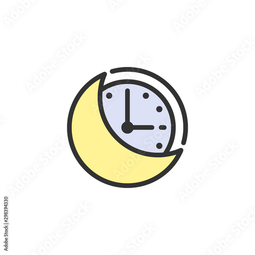 Night time, moon with clock flat color line icon.
