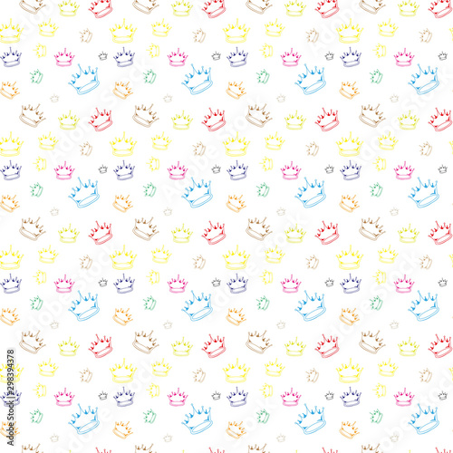 Colorful crown seamless on white background. Princess doodle crown. Seamless hand drawn cartoon illustration.
