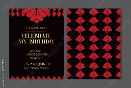 Elegant Luxury Red and Black Floral Art Deco Invitation Design