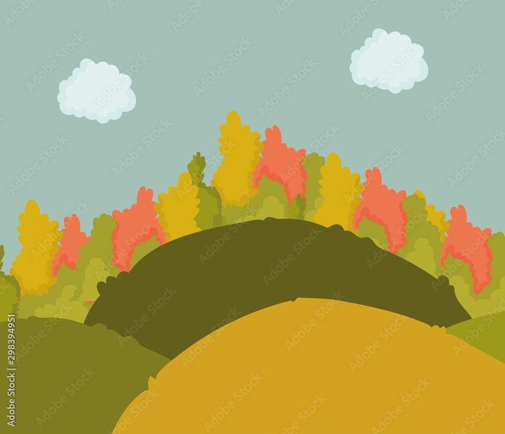 autumn landscape hills bushes foliage clouds sky