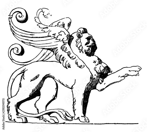 Winged Lion is shown on the tomb of Loys de Bresze in the Rouen Cathedral, vintage engraving. photo