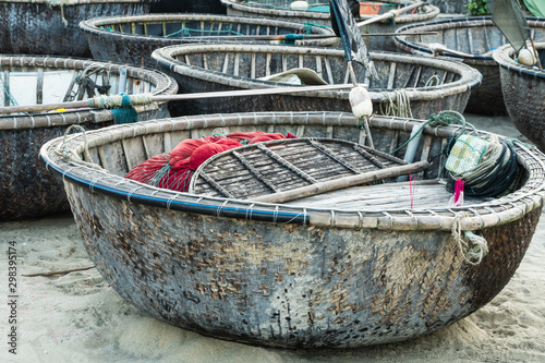 traditional basket boats on a beach in vietnam