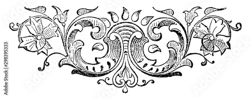 Floral Tailpiece with a rising sun behind leaves and flowers, vintage engraving.
