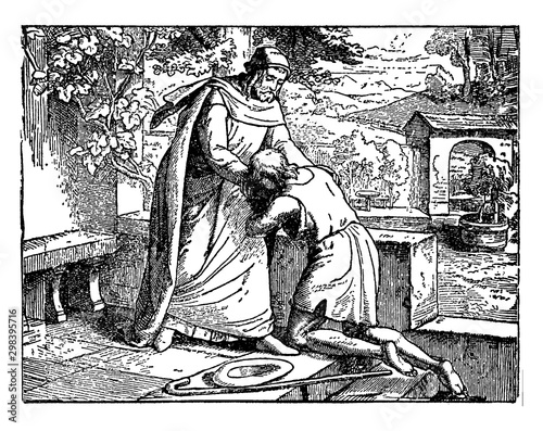 The Prodigal Son Returns Home and Kneels Before His Father vintage illustration.